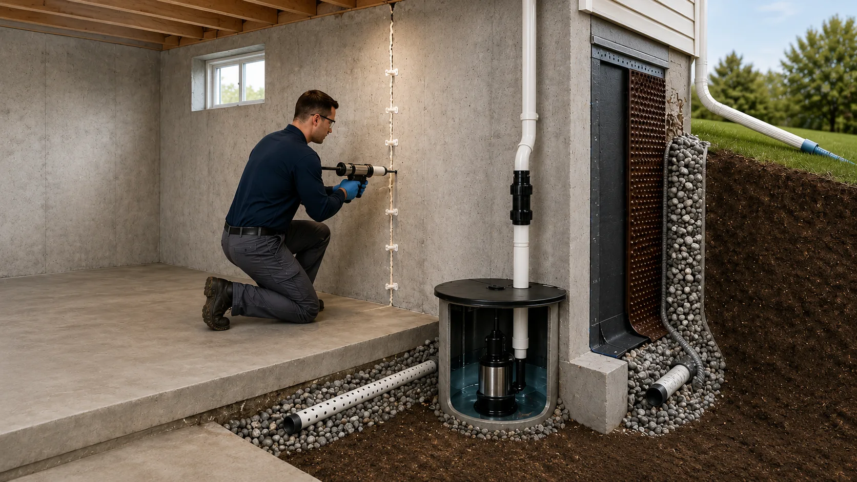 Barrier Waterproofing technician installing sump pump system in basement